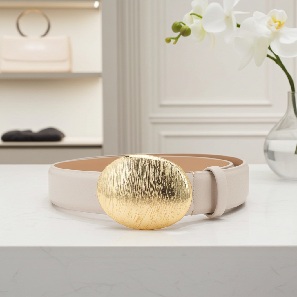 Cinto em Couro com Fivela Oval Metálica Marfim