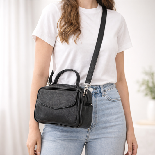 Bolsa de Couro Legítimo Feminina Baú Preto