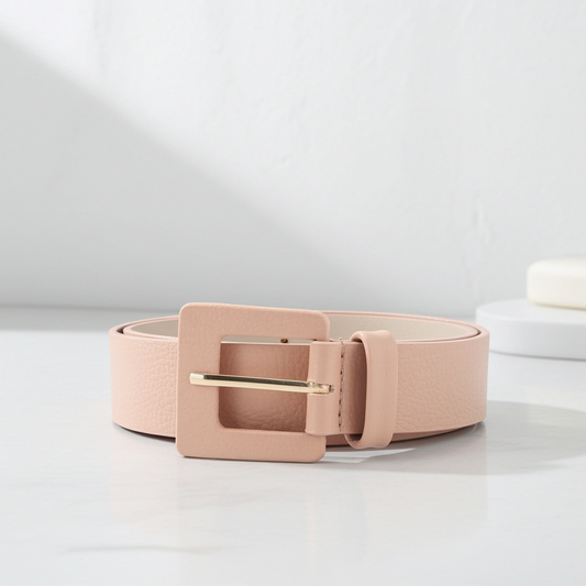 Cinto Feminino de Couro com Fivela Quadrada Encapada Bege