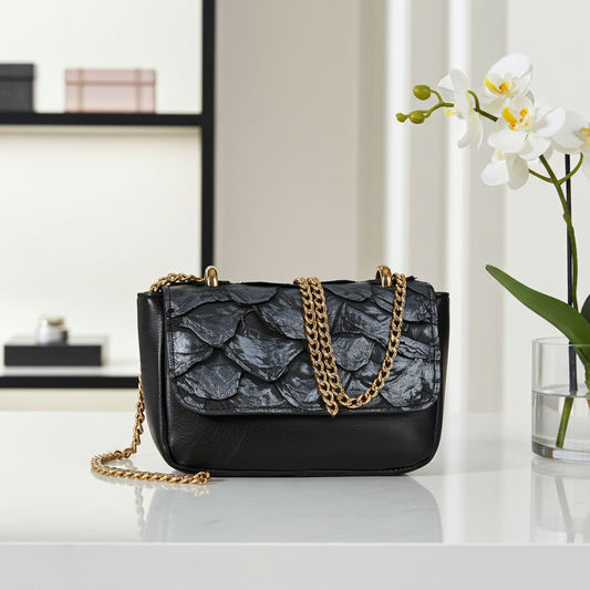 Bolsa Feminina em Couro Legítimo de Pirarucu Modelo Tiracolo Prata