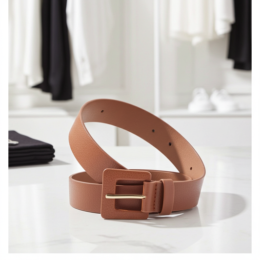 Cinto Feminino de Couro com Fivela Quadrada Encapada Caramelo