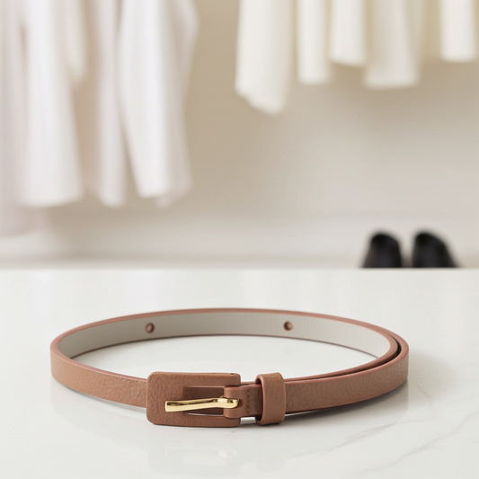 Cinto Feminino de Couro Fino com Fivela Encapada Caramelo