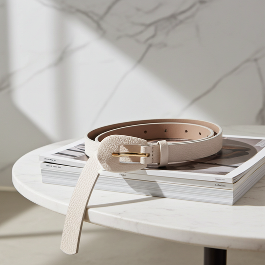 Cinto Feminino de Couro com Fivela Encapada Oval Marfim