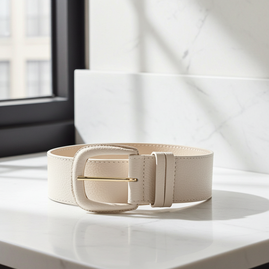 Cinto Maxi Feminino de Couro com Fivela Encapada Marfim