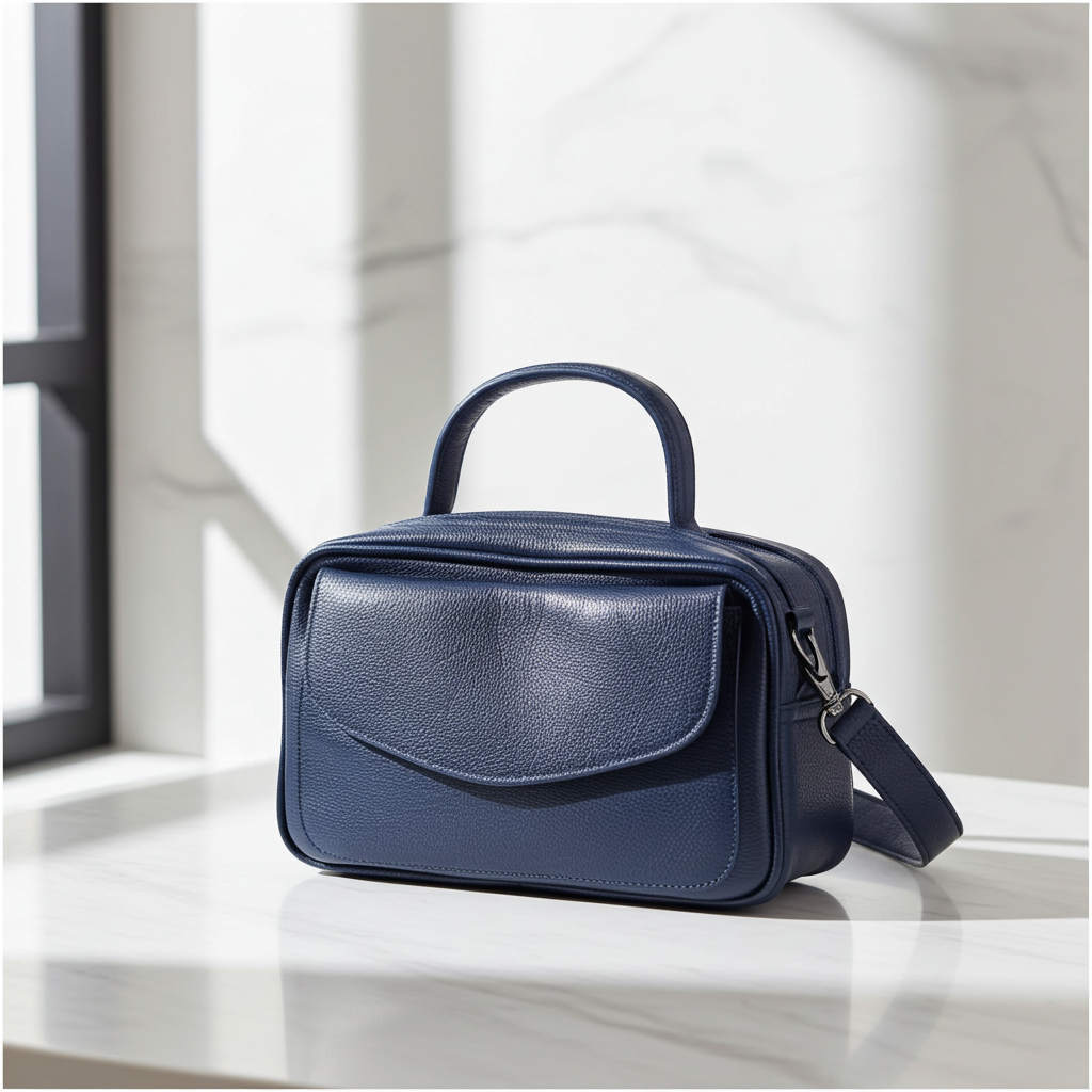 Bolsa de Couro Legítimo Feminina Baú Azul escuro