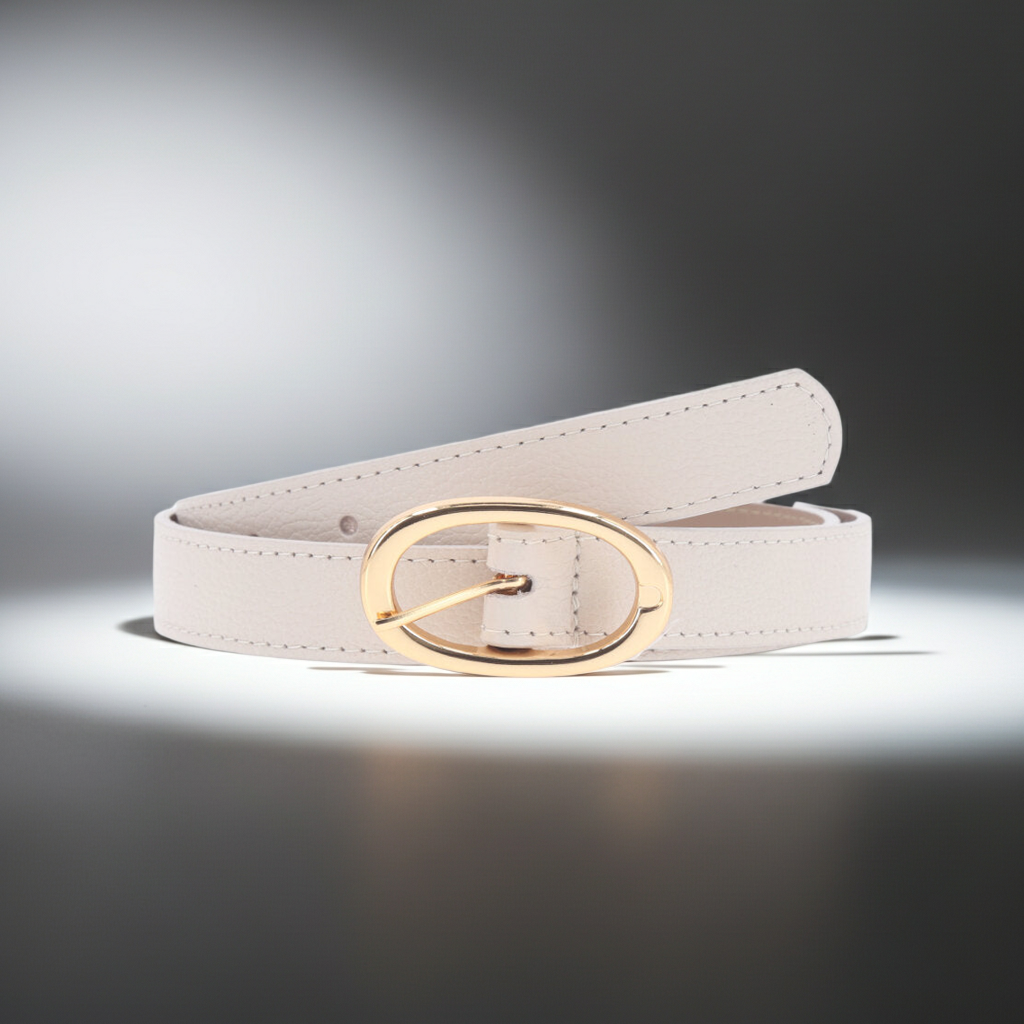Cinto de Couro com Fivela Oval Metálica Marfim
