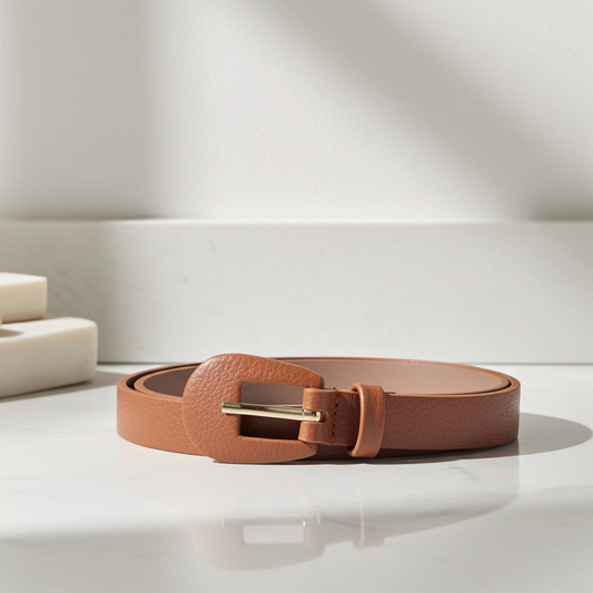 Cinto Feminino de Couro com Fivela Encapada Oval Caramelo