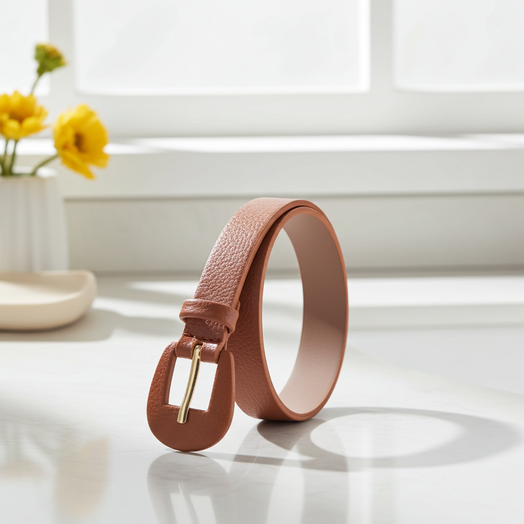 Cinto Feminino de Couro com Fivela Encapada Oval Caramelo