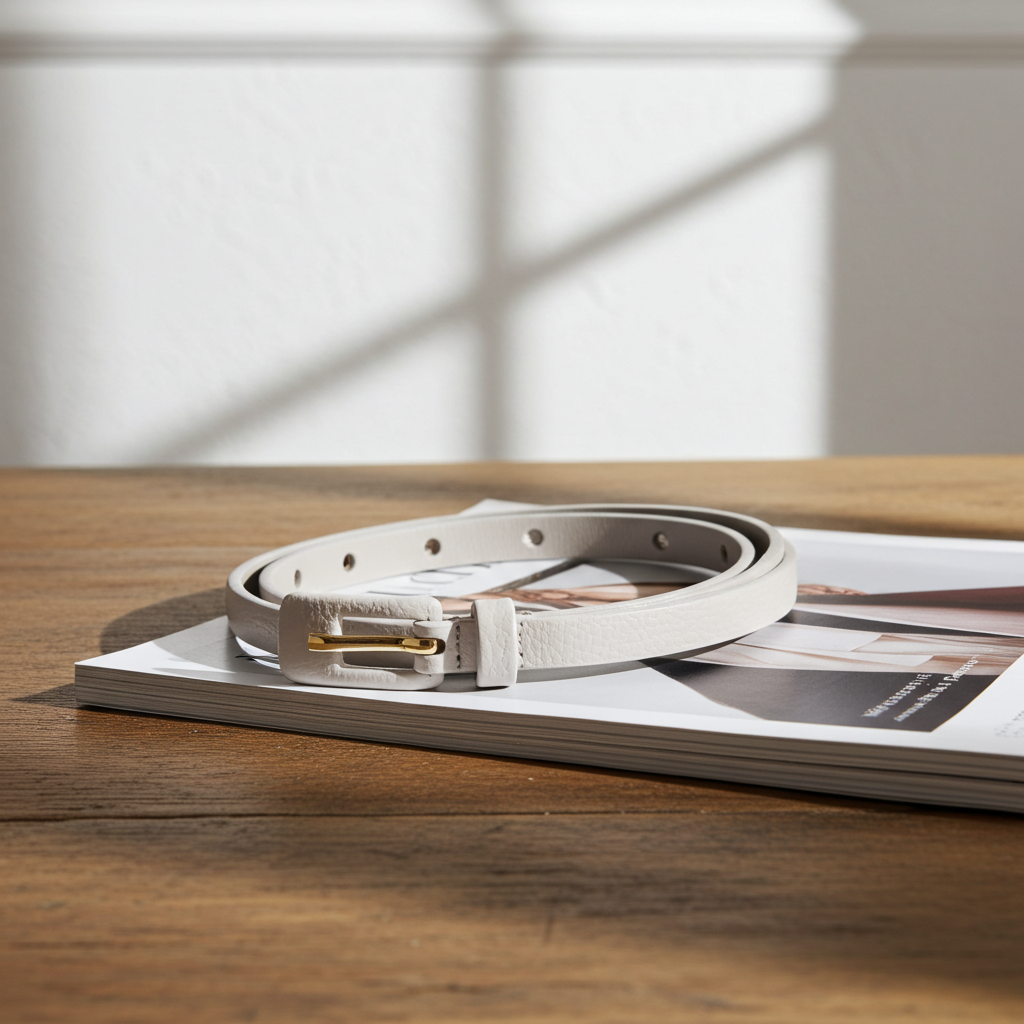 Cinto Feminino de Couro Fino com Fivela Encapada Marfim