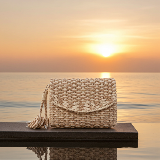 Bolsa de Palha Transversal Estilo Praia com Trama Bicolor Bege