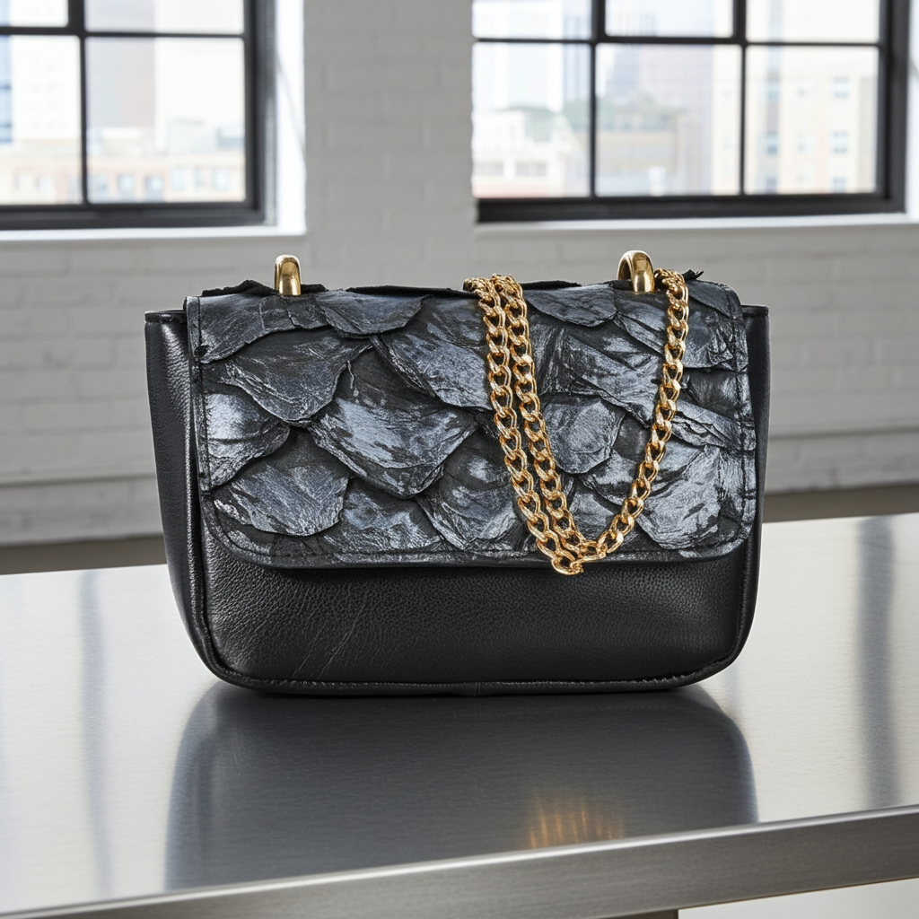 Bolsa Feminina em Couro Legítimo de Pirarucu Modelo Tiracolo Prata