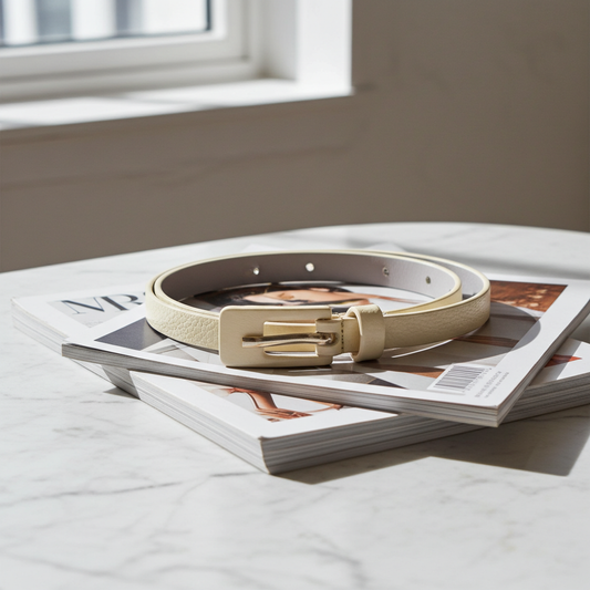 Cinto Feminino de Couro Fino com Fivela Encapada Amarelo