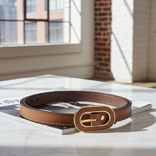 Cinto Feminino de Couro com Fivela Oval Dourada Caramelo