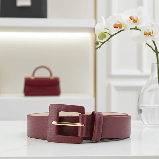 Cinto Feminino de Couro com Fivela Quadrada Encapada Vinho