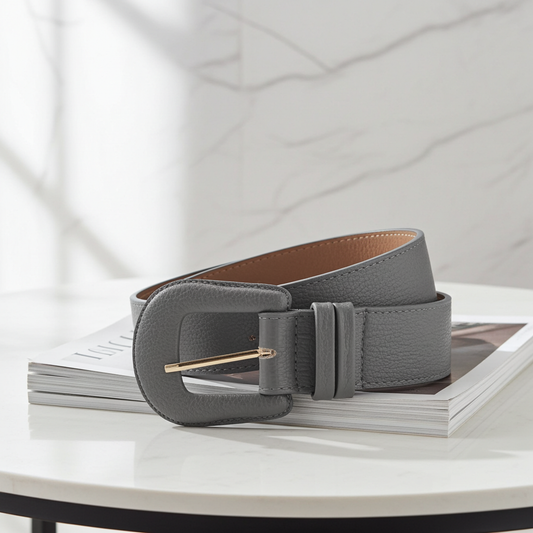 Cinto Feminino de Couro com Fivela Encapada Cinza