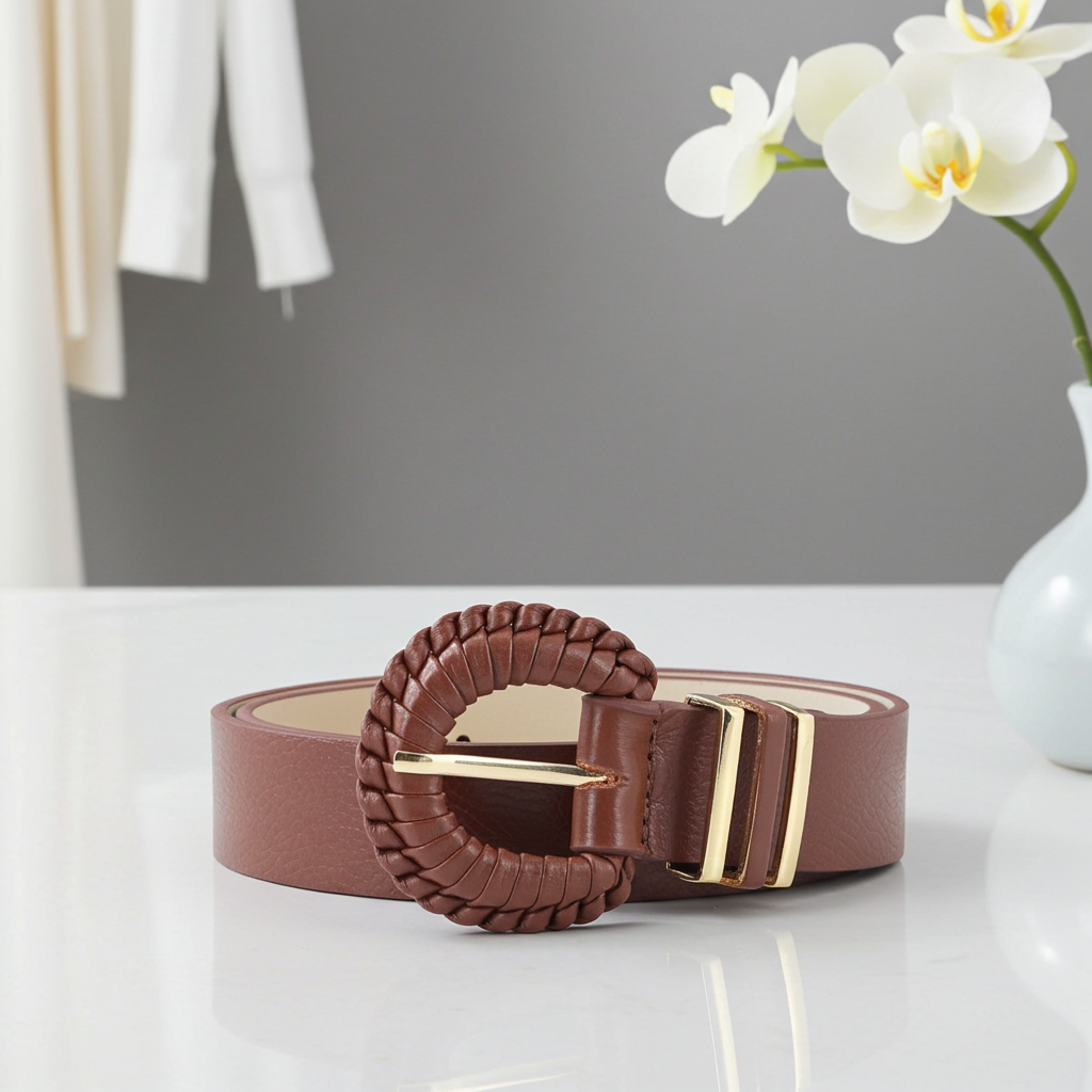 Cinto Feminino de Couro com Fivela Tressê Redonda Marrom