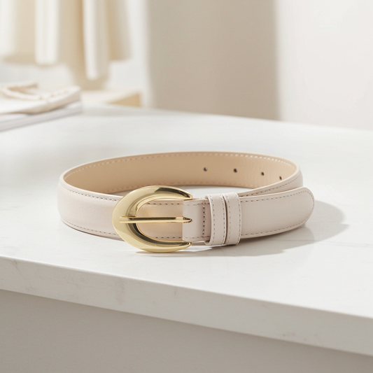 Cinto Feminino de Couro com Fivela Oval Metalizada Marfim