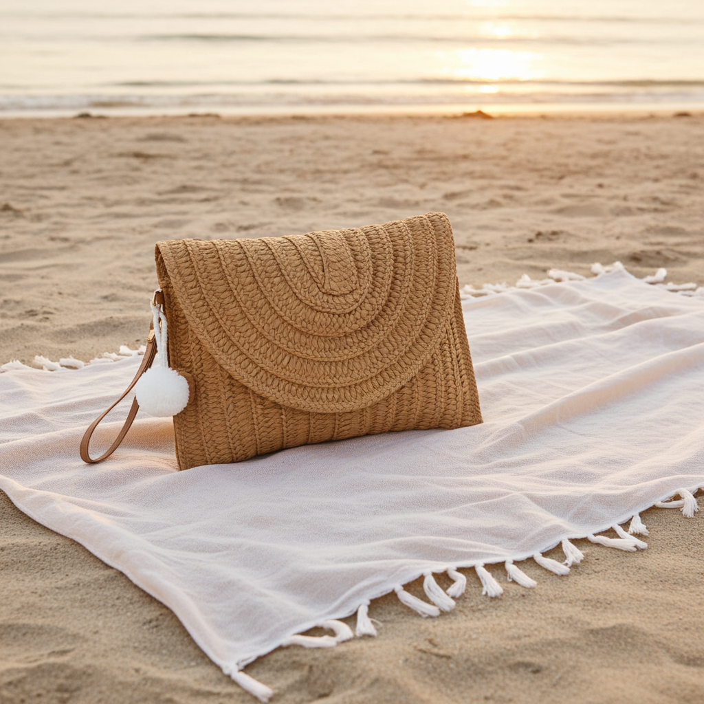 Bolsa Praia de Mão em Ráfia com Detalhe Bege