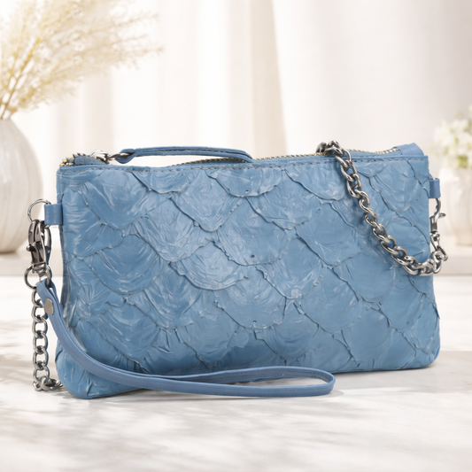 Bolsa Pequena em Couro Legítimo de Pirarucu Azul
