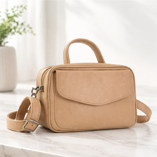 Bolsa de Couro Legítimo Feminina Baú Bege escuro