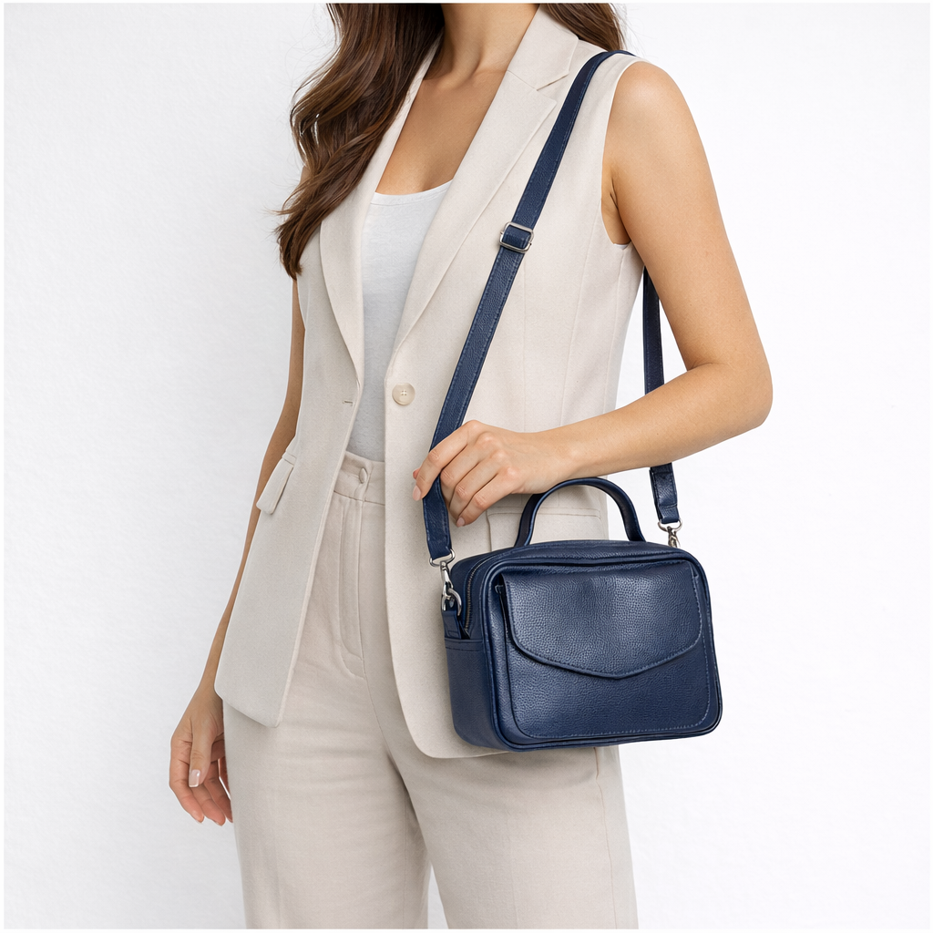 Bolsa de Couro Legítimo Feminina Baú Azul escuro