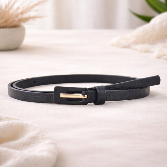 Cinto Feminino de Couro Fino com Fivela Encapada Preto