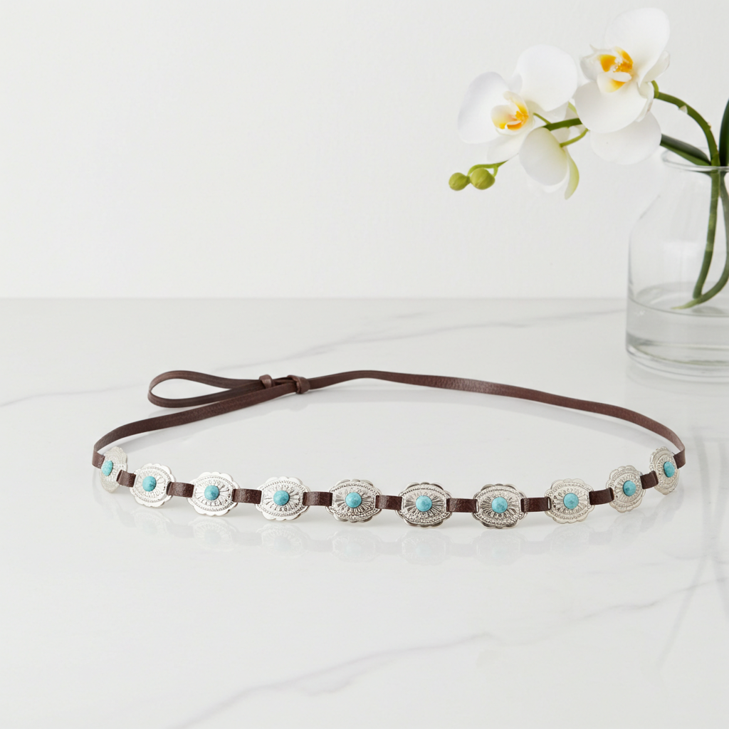 Cinto Feminino de Couro com Apliques Metálicos Marrom