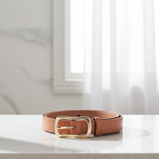 Cinto Feminino em Couro com Fivela Dourada Caramelo