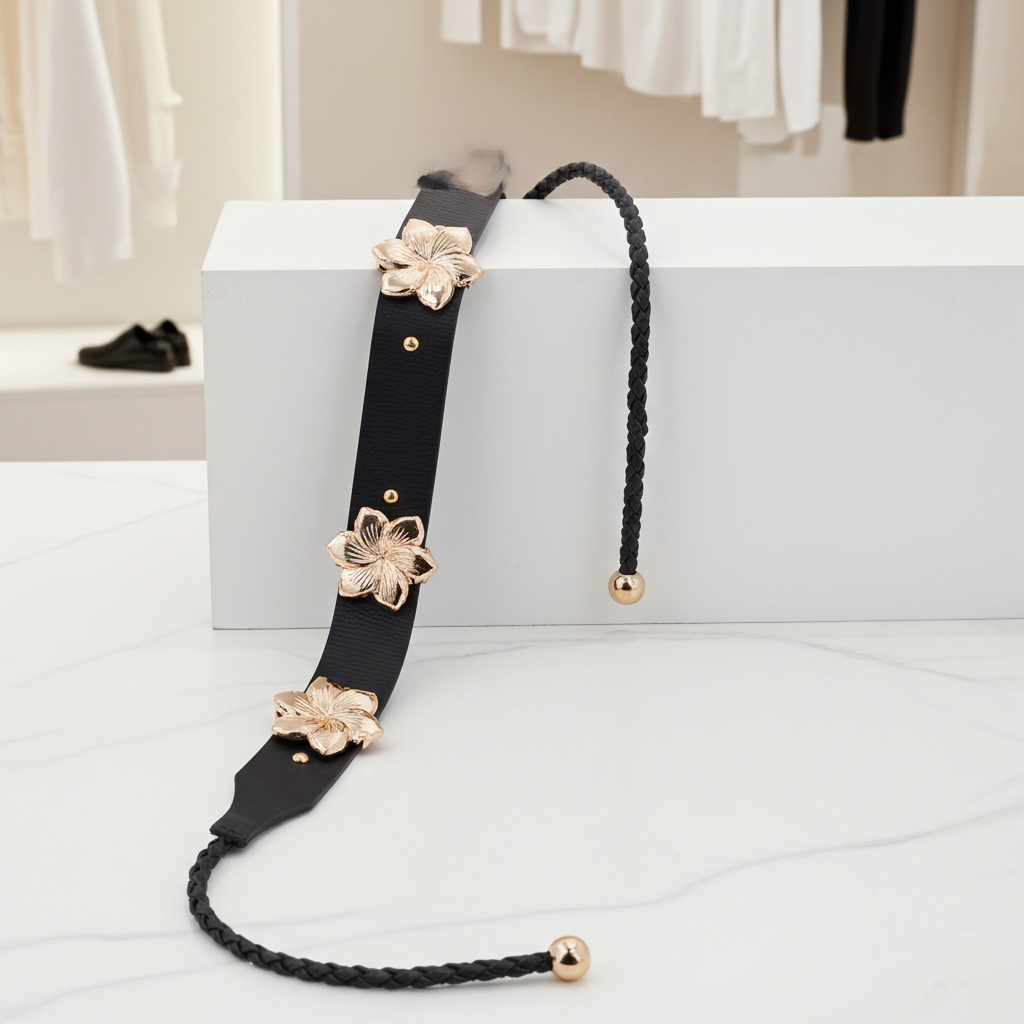 Cinto Feminino de Couro com Flores Preto