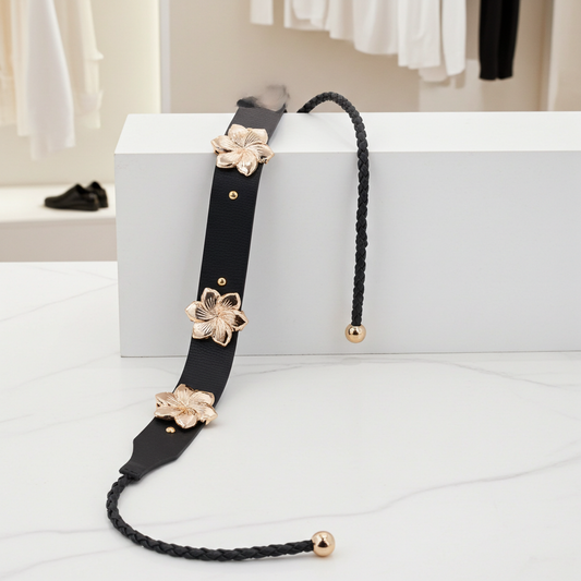 Cinto Feminino de Couro com Flores Preto