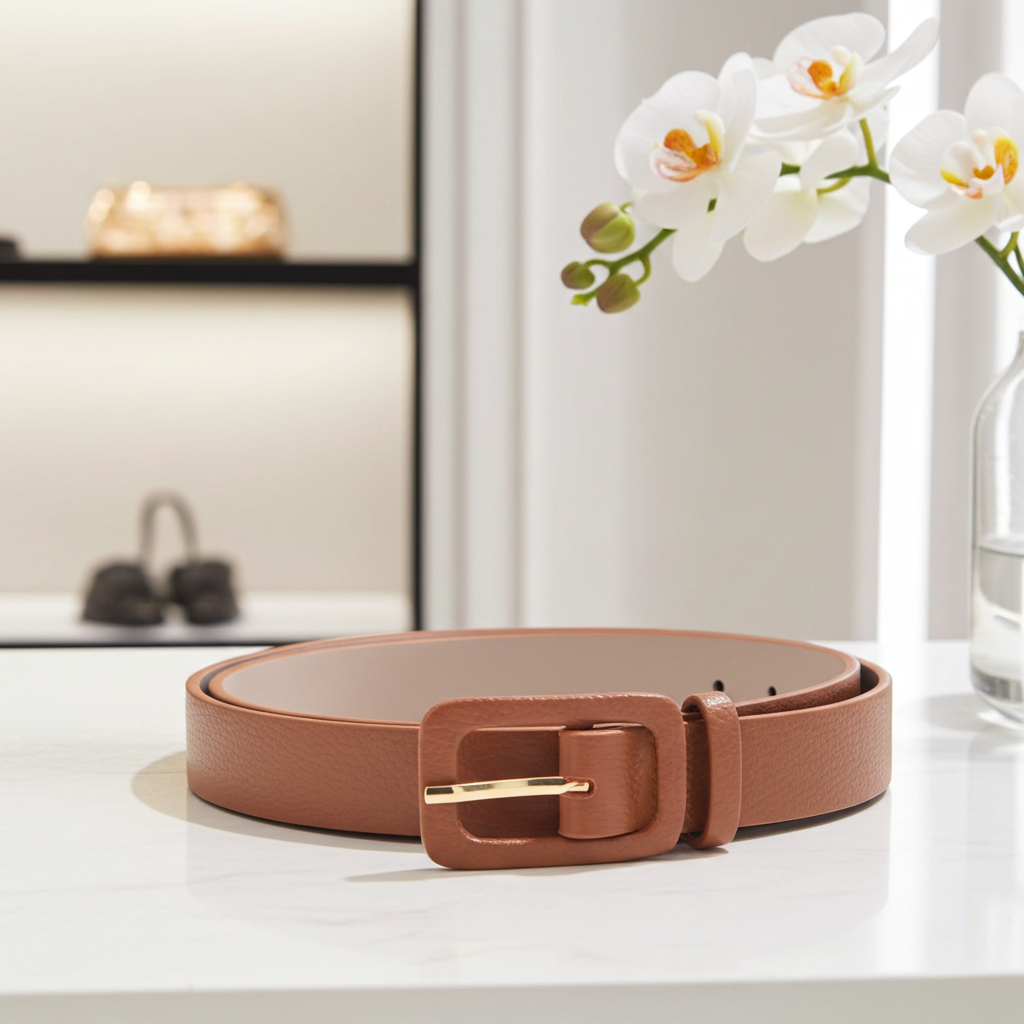 Cinto Feminino de Couro Legítimo com Fivela Forrada Caramelo