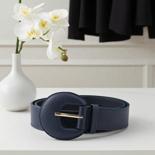 Cinto Feminino Couro Legítimo Fivela Meia Lua Moda Casual Azul escuro