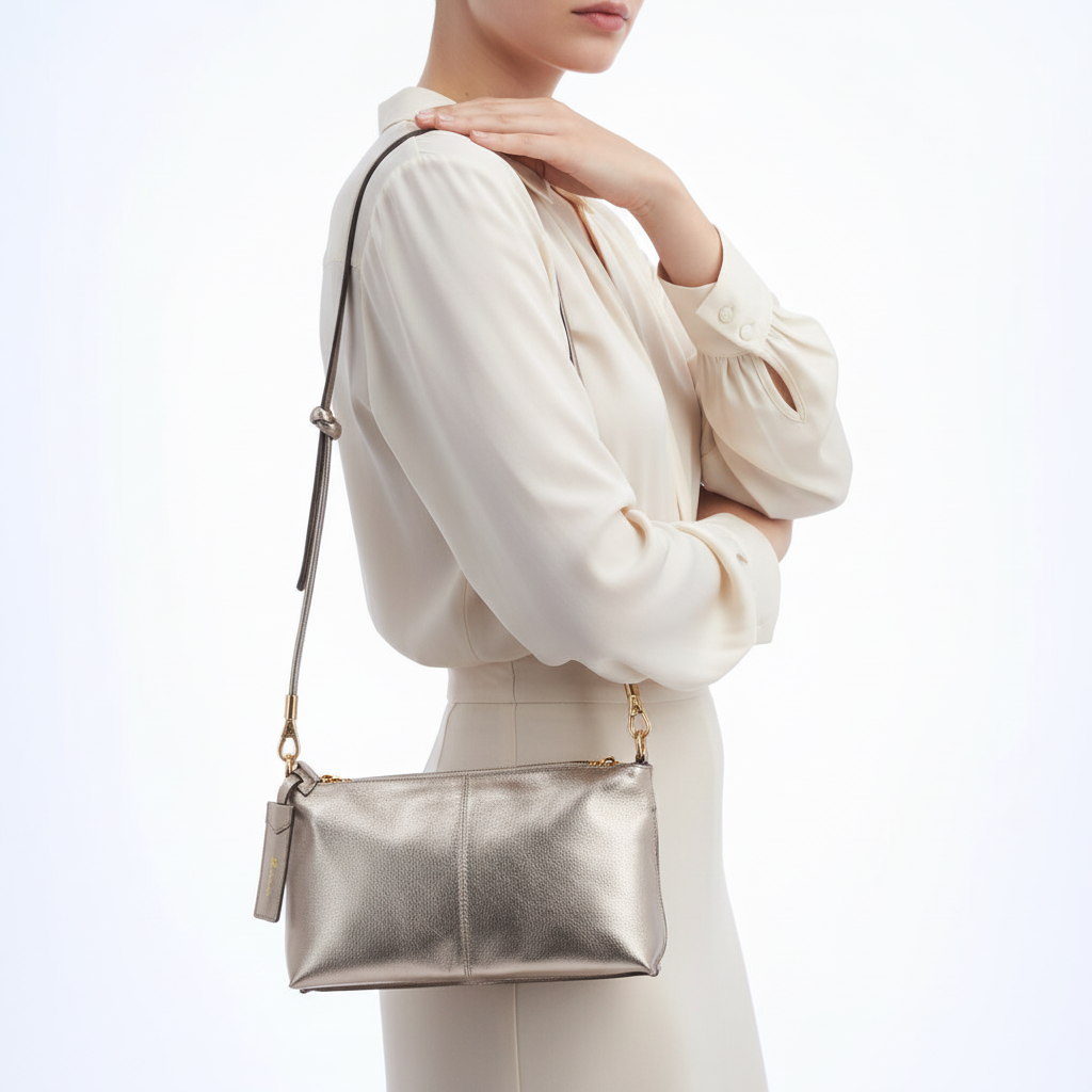 Modelo usando bolsa prateada pequena