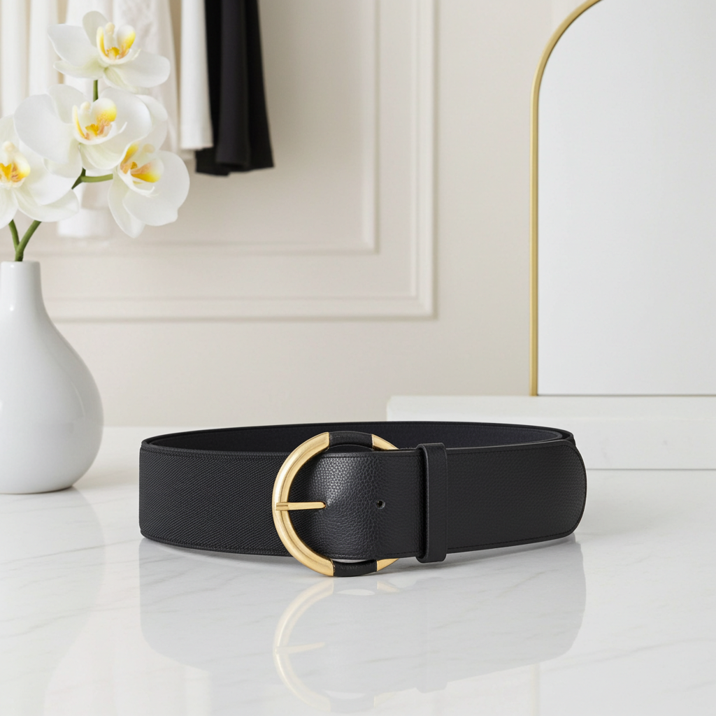 Cinto Feminino em Couro com Detalhe em Elástico Preto