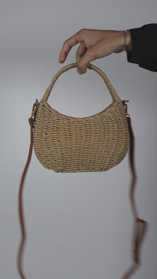Bolsa Meia Lua em Palha com Opção de Alça Tiracolo Caqui