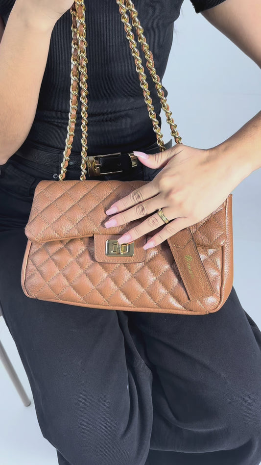 Bolsa Feminina Média Transversal Em Couro Legítimo Matelassê Marrom