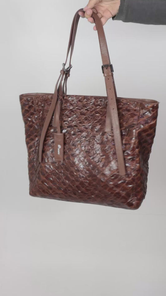 Bolsa Tote em Couro de Pirarucu com Alça Detalhista Verde escuro