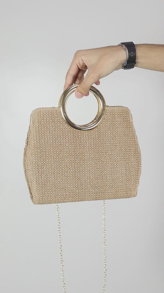Bolsa Clutch em Ráfia com Alça de  Metal Caramelo