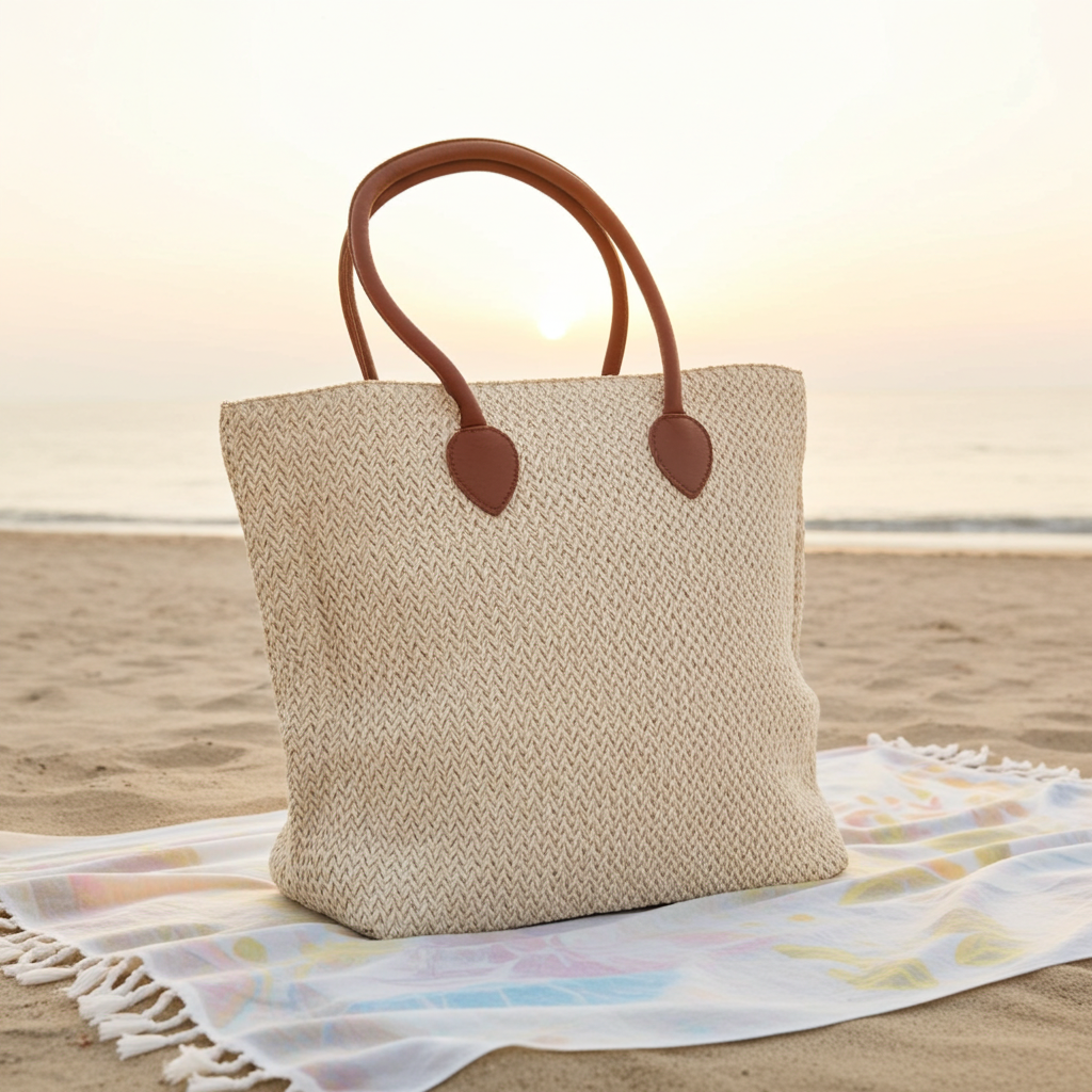 Bolsa de Praia em Ráfia com Alça Fixa Bege