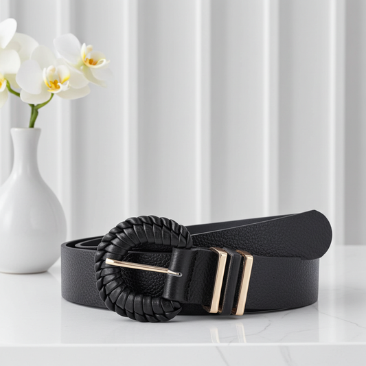 Cinto Feminino de Couro com Fivela Tressê Redonda Preto