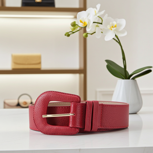 Cinto Feminino de Couro com Fivela Encapada Vermelho