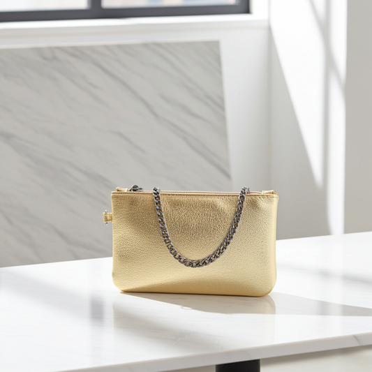 Bolsa de Couro com Alça de Corrente Ouro