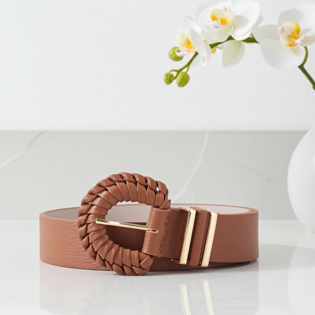 Cinto Feminino de Couro com Fivela Tressê Redonda Caramelo