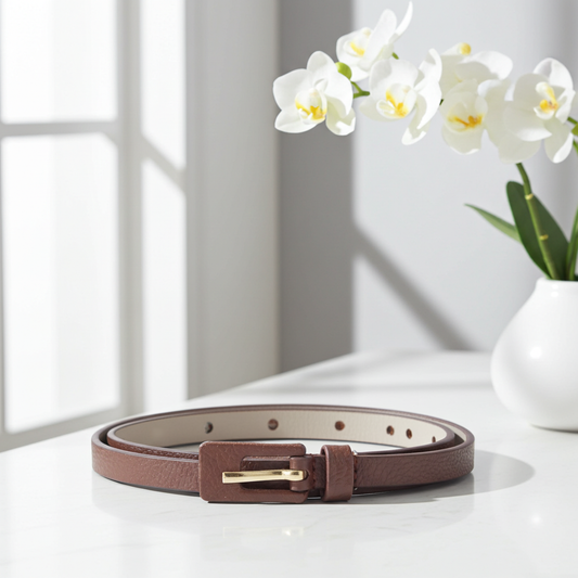 Cinto Feminino de Couro Fino com Fivela Encapada Marrom