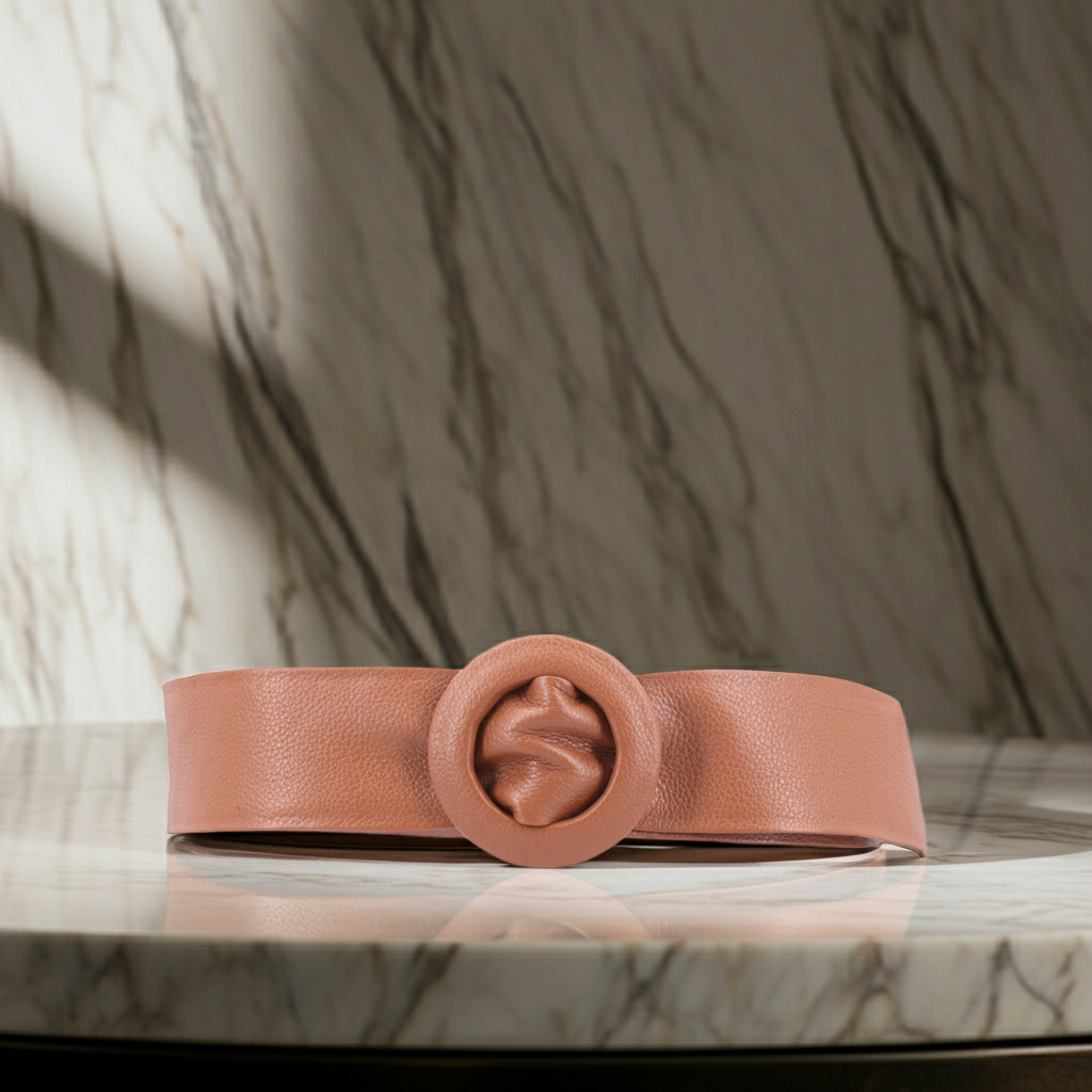 Cinto Faixa Feminino de Couro com Fivela Redonda Encapada Caramelo