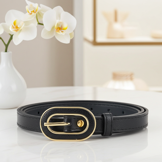 Cinto Feminino de Couro com Fivela Oval Dourada Preto
