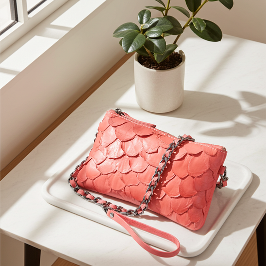 Bolsa Pequena em Couro Legítimo de Pirarucu Rosa