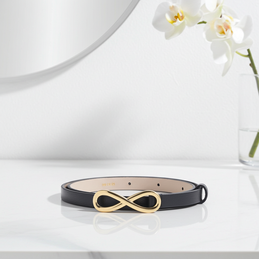 Cinto Fino de Couro Com Fivela de Metal Infinito Preto