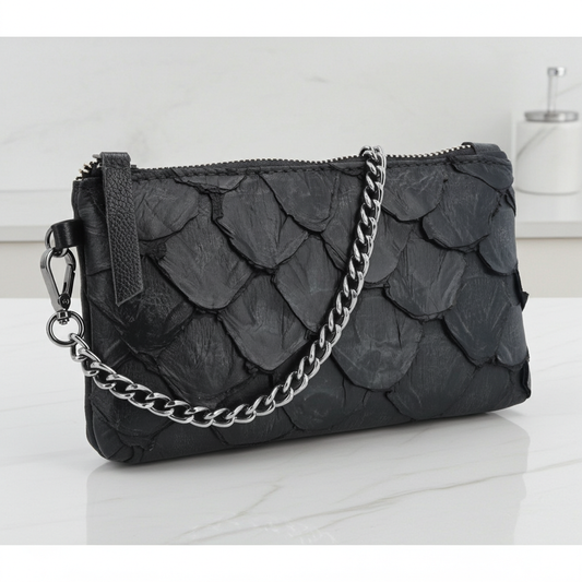 Bolsa Pequena em Couro Legítimo de Pirarucu Preto