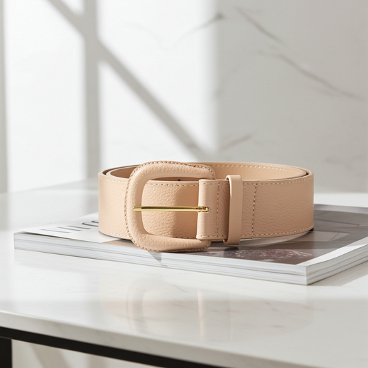 Cinto Maxi Feminino de Couro com Fivela Encapada Bege